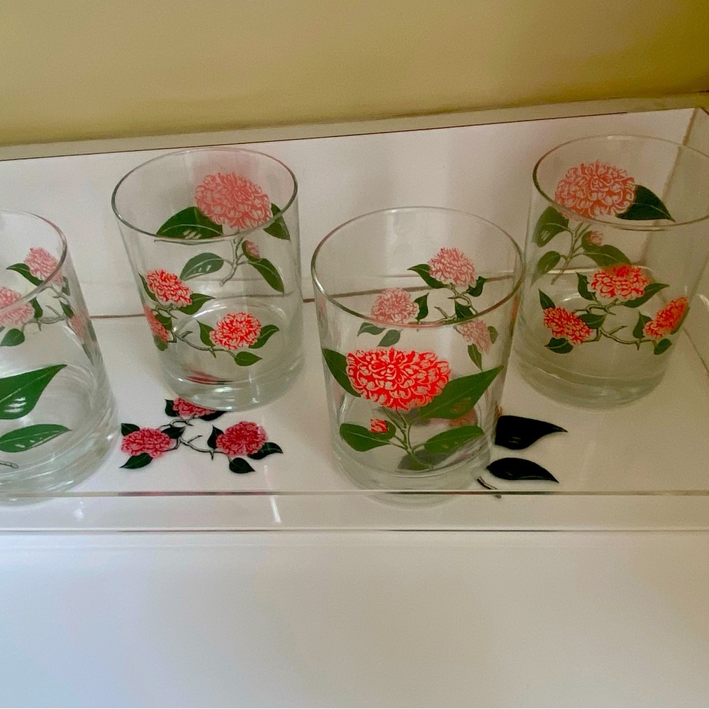 Camellia highball glasses and matching acrylic tray. American Camellia Society.